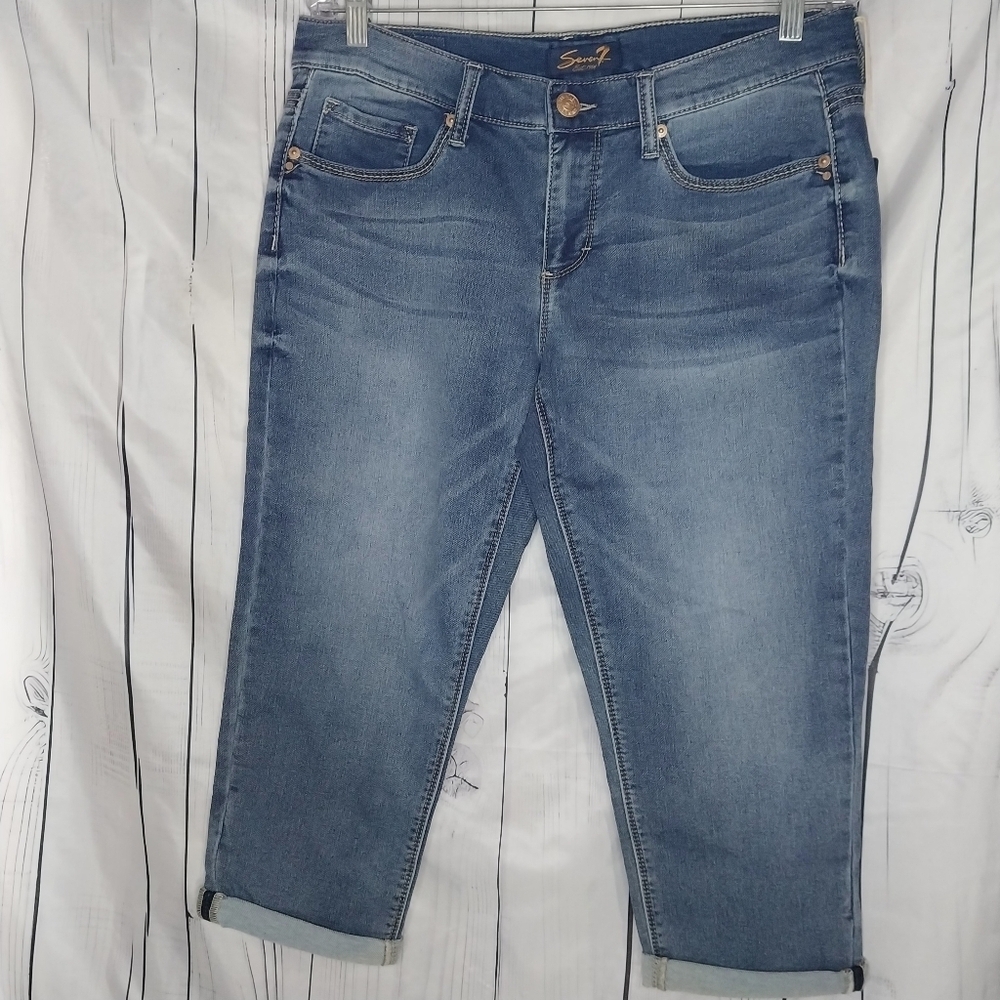 Seven 7 Roll Cuff Girlfriend Embroidered Medium Wash Stretch Capri Jeans NWT